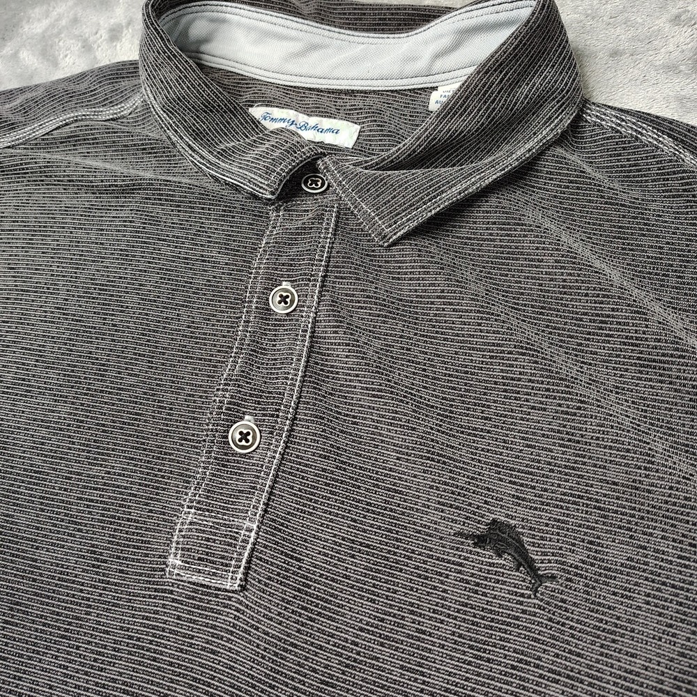 Tommy Bahama Polo Shirt Mens 2XL Gray Striped Tencel Modal Recycled Polyester